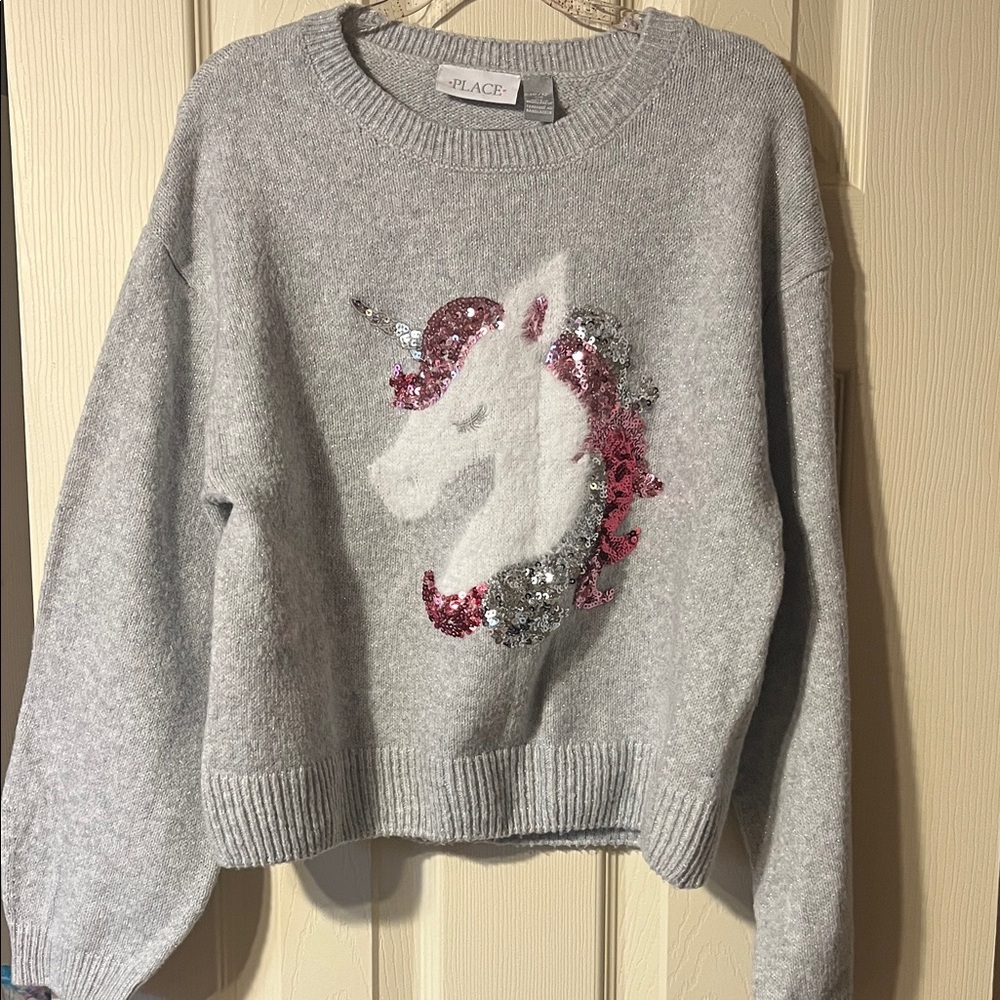 The Children's Place Gray Sweater with Sequin Unicorn